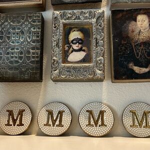 Elegant Mosaic and Brass Monogram Coasters with Cork Bottoms‎ Letter “M”